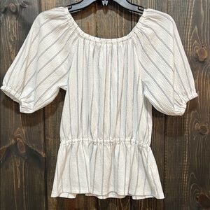 Nine West Peplum Top S Striped Stretch White Black Office Casual Minimalist Boho